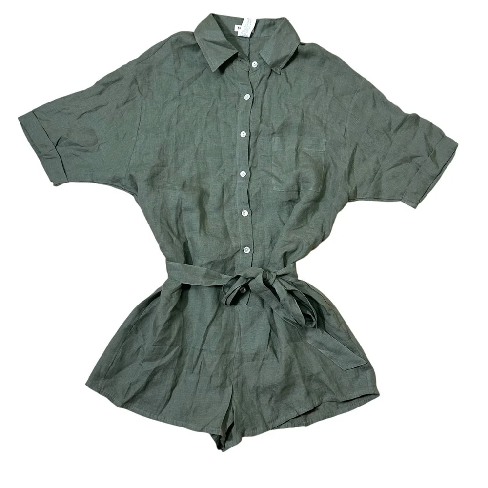 VITAMIN A Green Linen Playa Romper Size Medium Beach Coverup Belted NWOT Coastal - Picture 4 of 7